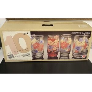 Indiana Glass Vintage Romantic Garden Floral Tumblers 6" Unused In Box Set of 10